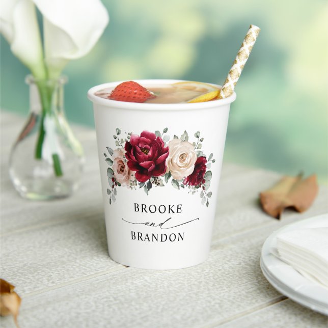 Burgundy Champagne Ivory Mauve Rose Floral Wedding Paper Cups (Insitu)