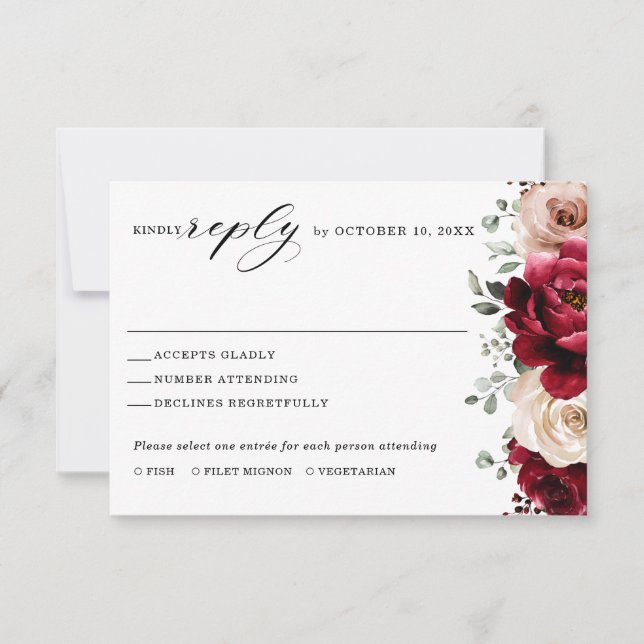 Burgundy Champagne Ivory Mauve Rose Floral Wedding RSVP Card (Front)