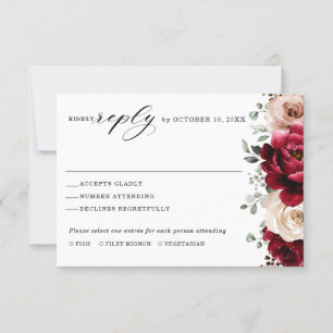 Burgundy Champagne Ivory Mauve Rose Floral Wedding RSVP Card