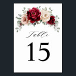 Burgundy Champagne Ivory Mauve Rose Floral Wedding Table Number<br><div class="desc">Elegant Burgundy Red,  Champagne ivory earthy floral theme wedding table number featuring elegant bouquet of Burgundy,  champagne ivory colour roses peonies  and sage green eucalyptus leaves. Please contact me for any help in customisation or if you need any other product with this design.</div>