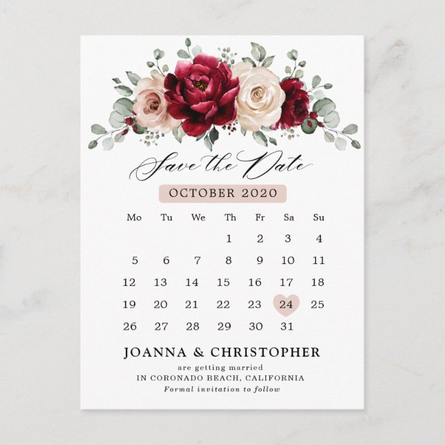 Burgundy Champagne Ivory Mauve Rose Save the Date Postcard (Front)