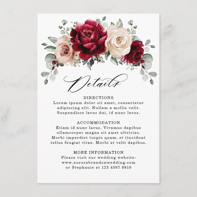 Burgundy Champagne Ivory Mauve Rose Wedding Detail Enclosure Card (Front)