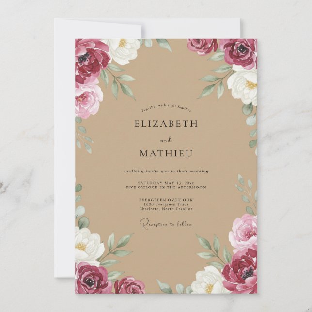 Burgundy Champagne Peony Wedding Invitation (Front)