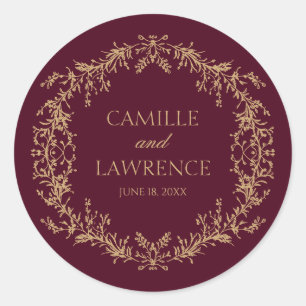 Burgundy Champagne Toile Floral Frame Wedding Classic Round Sticker