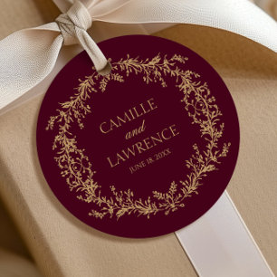 Burgundy Champagne Toile Floral Frame Wedding Favour Tags