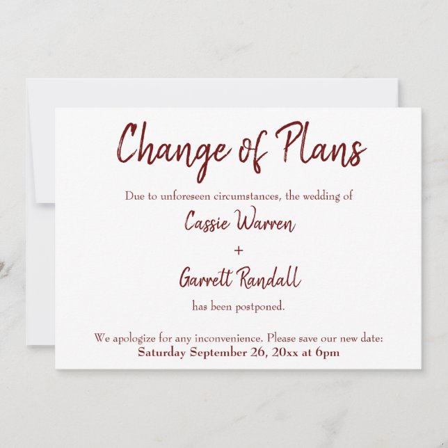 Burgundy Change of Plans Postponed Wedding Card (Front)