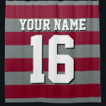 Burgundy Charcoal Sports Jersey Preppy Stripe Shower Curtain<br><div class="desc">Preppy Striped Team Jersey / Sports Jersey / Football Jersey / Rugby Jersey with Custom Name Customise this with your own name or team name and a number. You can change the size, colour and placement of the text if you need to make changes, change the colour of or remove...</div>