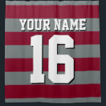 Burgundy Charcoal Sports Jersey Preppy Stripe Shower Curtain<br><div class="desc">Preppy Striped Team Jersey / Sports Jersey / Football Jersey / Rugby Jersey with Custom Name Customise this with your own name or team name and a number. You can change the size, colour and placement of the text if you need to make changes, change the colour of or remove...</div>