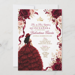 Burgundy Charra Quinceañera Ruffle Dress Invitation