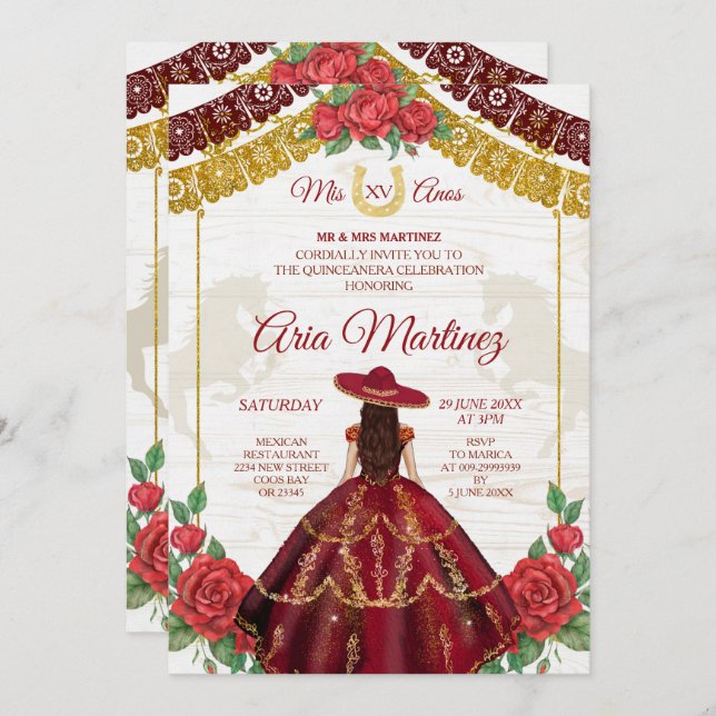 Burgundy Charro Roses Mis Quince Invitation (Front/Back)