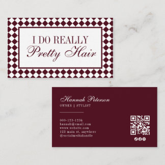 Burgundy Checkered Old Money Hair Stylist QR Code Business Card