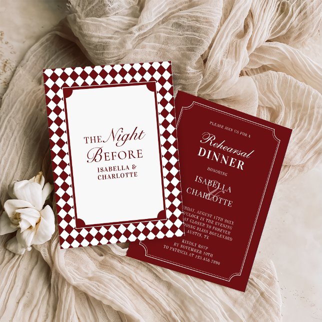 Burgundy Checkered Old Money Rehearsal Dinner Invitation (Creator Uploaded)
