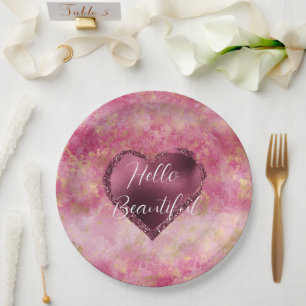 Burgundy Cherry Glitter Heart    Paper Plate