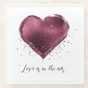 Burgundy Cherry Glitter Sparkle Heart Love  Glass Coaster