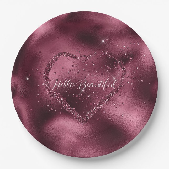Burgundy Cherry Glitter Sparkle Heart   Paper Plate (Front)