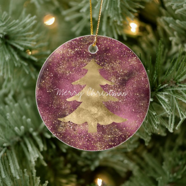 Burgundy Cherry Gold Glitter Christmas Tree  Ceramic Tree Decoration (Tree)
