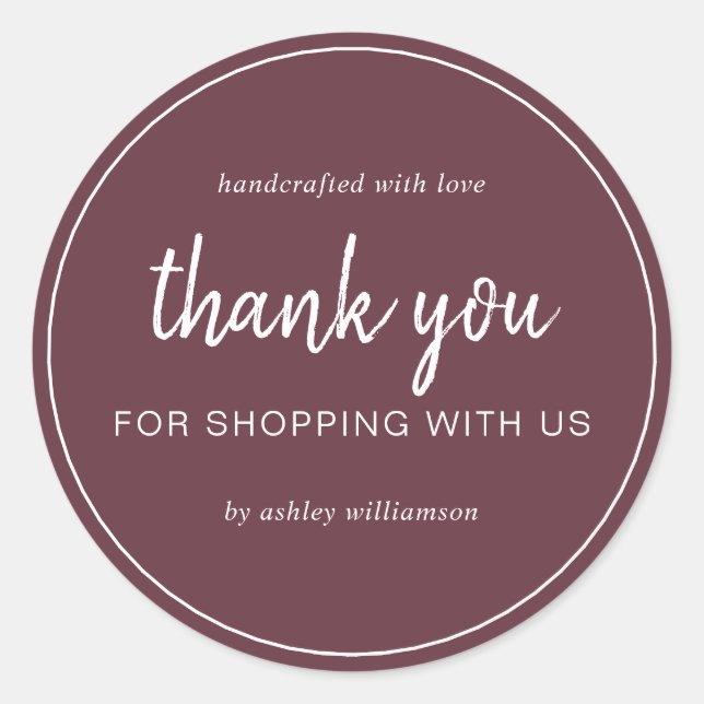 Burgundy Chic Script Thank You For Shopping Classic Round Sticker (Front)