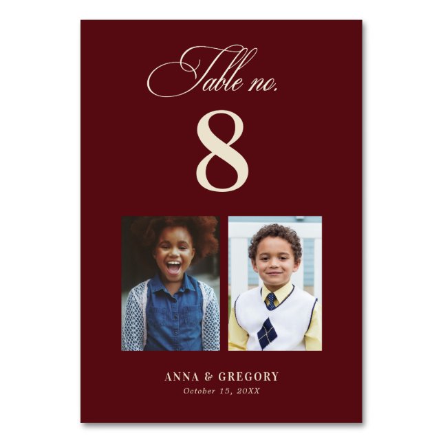 Burgundy Childhood Pictures Table Number 8 Wedding (Front)