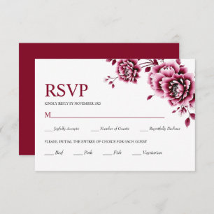 Burgundy Chinese floral peony flowers wedding RSVP Card
