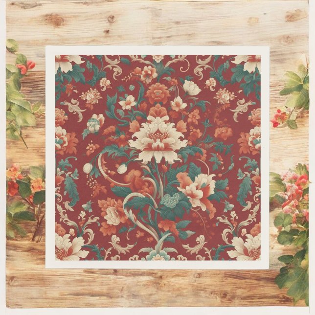 Burgundy Chinoiserie Antique Floral Vintage Summer Napkin (Creator Uploaded)