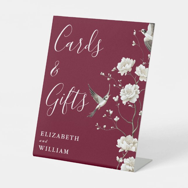Burgundy Chinoiserie Cards And Gifts Wedding Pedestal Sign (Front)