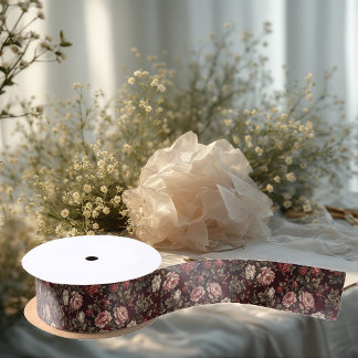 Burgundy Chinoiserie Christmas Romantic Floral Art Satin Ribbon