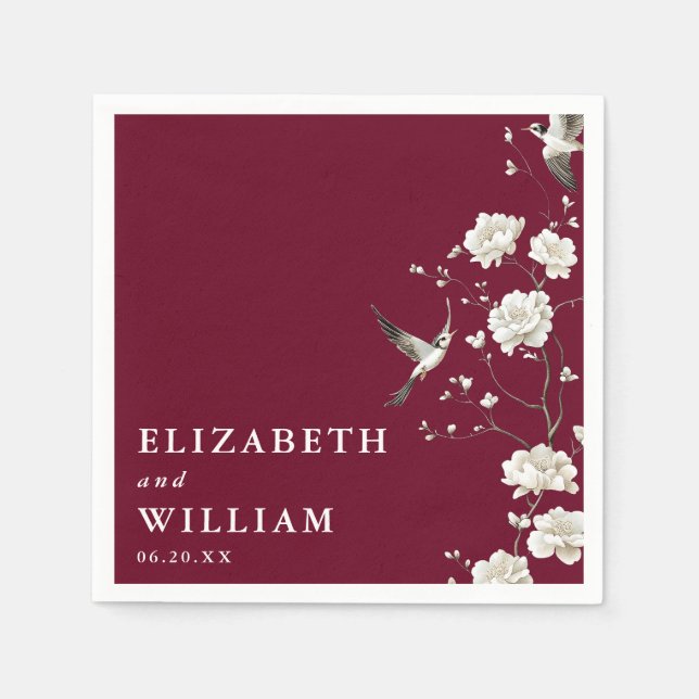 Burgundy Chinoiserie Floral Botanical Wedding Napkin (Front)