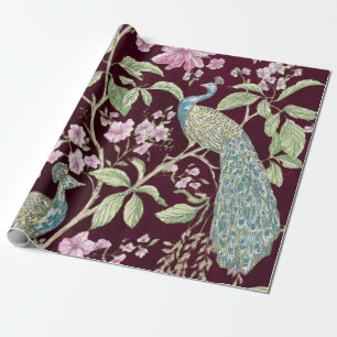 Burgundy Chinoiserie peacock floral decoupage Wrapping Paper