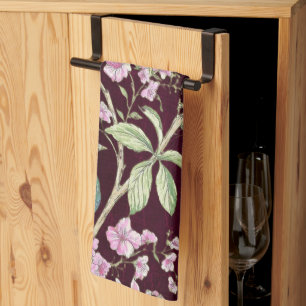 Burgundy Chinoiserie peacock floral Tea Towel