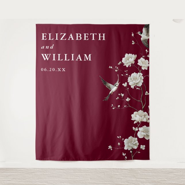 Burgundy Chinoiserie Wedding Photo Backdrop Tapestry (Front)