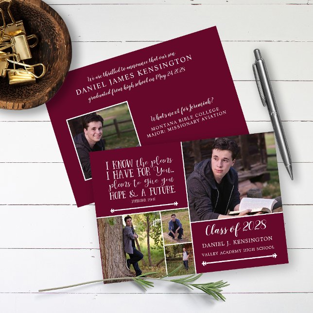 Burgundy Christian Verse Graduation Photo Collage Invitation (Creator Uploaded)