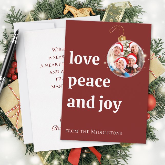 Burgundy Christmas Family Photo Love Peace Joy  Holiday Card (Creator Uploaded)