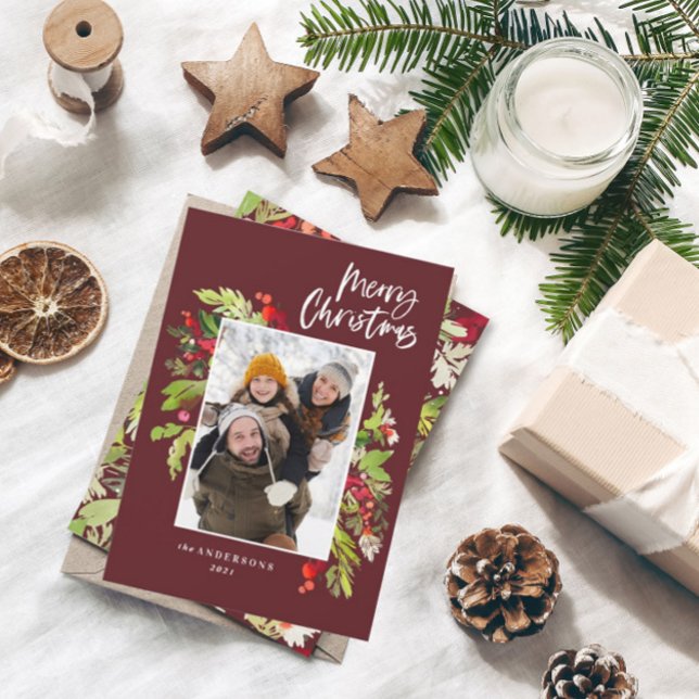 Burgundy Christmas foliage rustic 1 photo Holiday Card (Creator Uploaded)