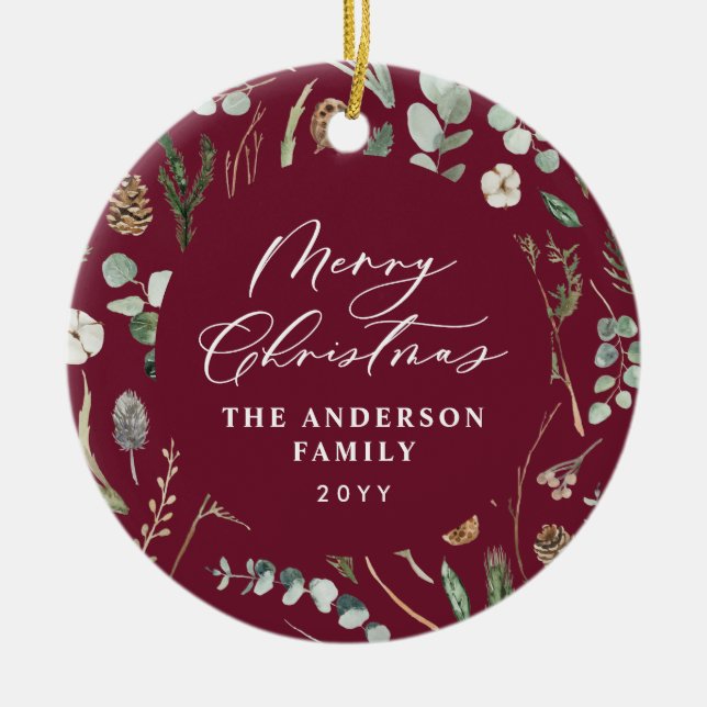 burgundy Christmas minimal elegant botanical photo Ceramic Tree Decoration (Front)