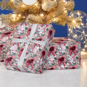 Burgundy Christmas Poinsettia Watercolor Wrapping  Paper