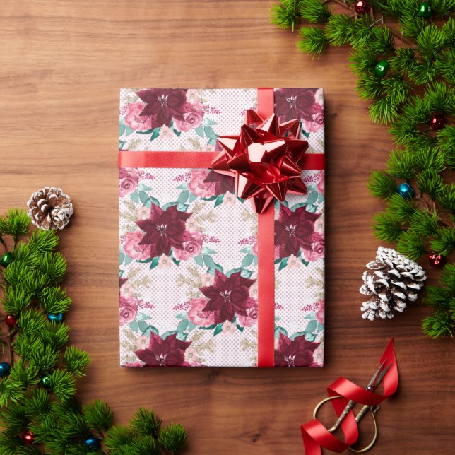 Burgundy Christmas Poinsettia Watercolor Wrapping Paper (Holiday Gift)