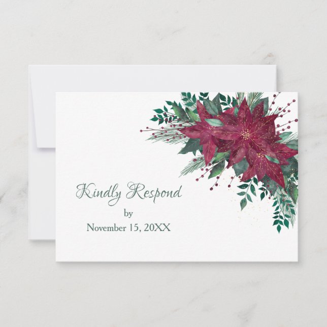 Burgundy Christmas Poinsettia Wedding RSVP Card (Front)