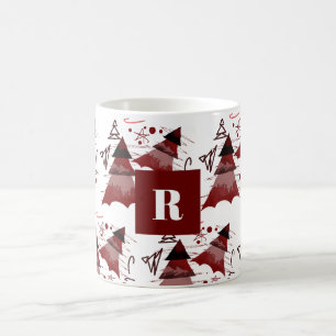 Burgundy Christmas Tree Pattern Monogrammed Coffee Mug
