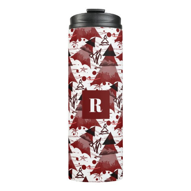 Burgundy Christmas Tree Pattern Monogrammed Thermal Tumbler (Front)