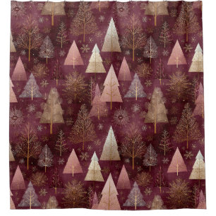 Burgundy Christmas Trees Rose Gold Winter Forest Shower Curtain