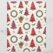 Burgundy Christmas Trees & Wreaths Scrapbook Paper