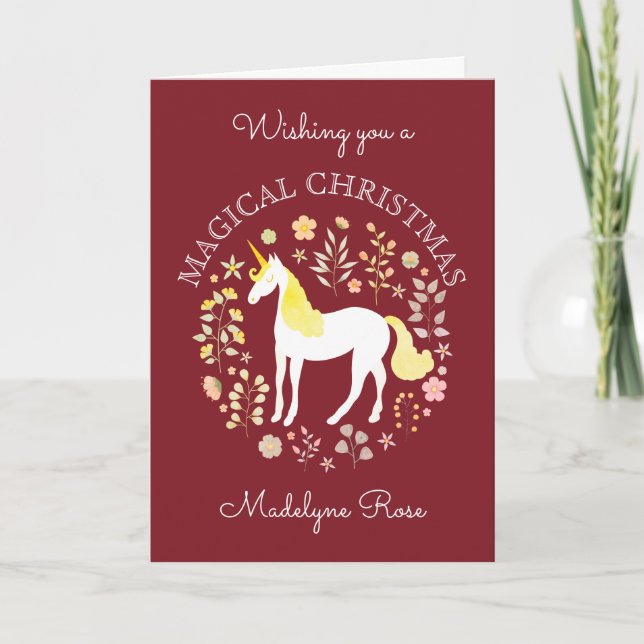 Burgundy Christmas Unicorn Whimsical Personalised Holiday Card (Front)