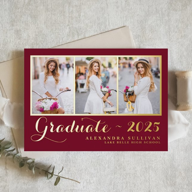 Burgundy Class of 2025 Photo Collage Graduation (Personalized photo collage graduation invitation featuring gold foil - available in other colors.)