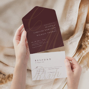 Burgundy Classic Elegance calligraphy monogram All In One Invitation