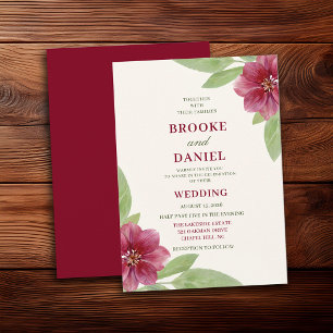 Burgundy Clematis Sage Leaf Wedding Invitation