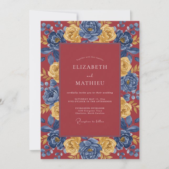 Burgundy Cobalt Bloom Wedding Invitation (Front)