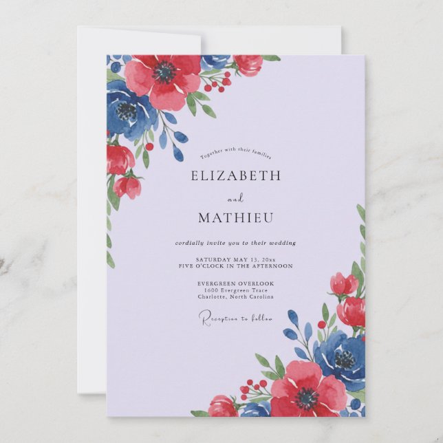 Burgundy Cobalt Petal Wedding Invitation (Front)