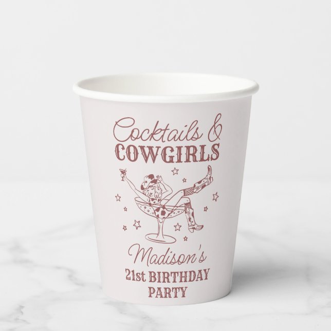 Burgundy Cocktails and Cowgirls Rodeo Birthday Paper Cups (Back)