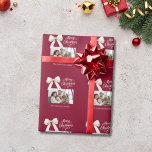 Burgundy coffee cream bow photo script Christmas Wrapping Paper<br><div class="desc">A burgundy background,  cream coloured text and a bow. Text and photo.  Merry Christmas is written with an elegant hand-lettered style font. 
Personalise and add your family name.</div>