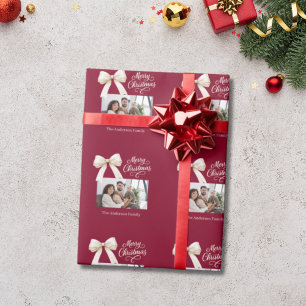 Burgundy coffee cream bow photo script Christmas Wrapping Paper